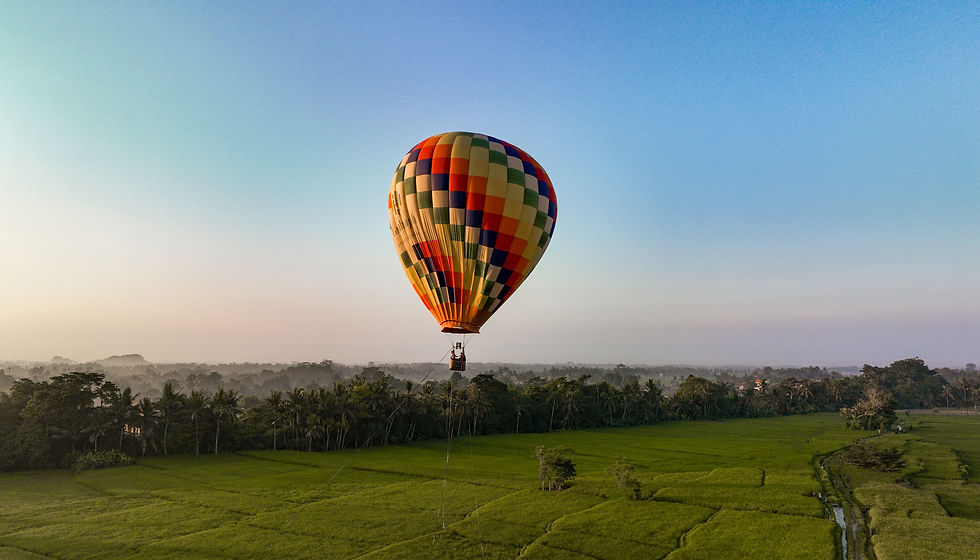 Colourful hot air balloon floats over lush green fields at sunrise, with a misty tree line in the background under a clear blue sky.