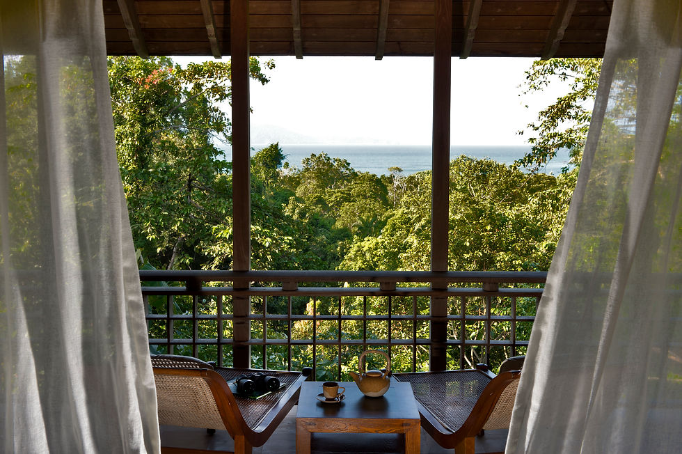 Two chairs and a table with tea set overlook lush greenery and ocean. Curtains frame the serene scene under a wooden roof.