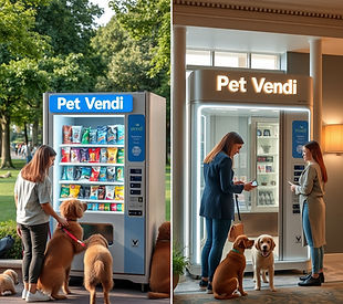 people with pets using a vending machine that says Pet Vendi in a park and on the other si