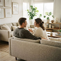 Couple sitting close together on a sofa having a calm, open conversation, seen from slight