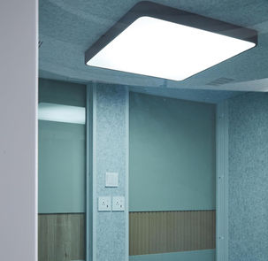 Low angle view of HexPod Pro interior ceiling with bright square LED light.