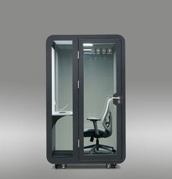 Symmetrical front view of the closed black SoloPod Pro booth.