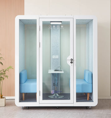 Front view of the 2 person large that fits 4 featuring blue upholstery and integrated lighting.