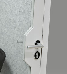 Close up of the stainless steel door handle on the white SoloPod Pro.