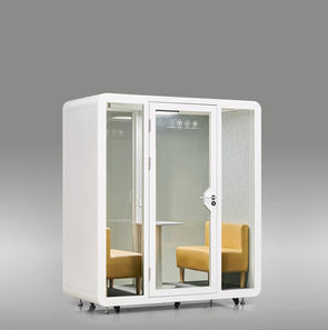 Left-side angle of the white DuoPod Compact meeting booth.