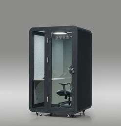 Straight-on front view of the black SoloPod Pro privacy booth.