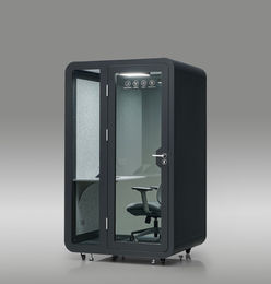 Straight-on front view of the black SoloPod Pro privacy booth.