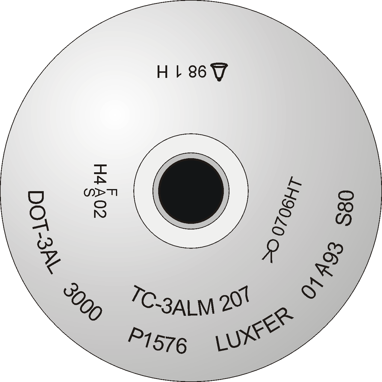 Stamp markings on an American-manufactured aluminum 80 cu ft 3000 psi cylinder.