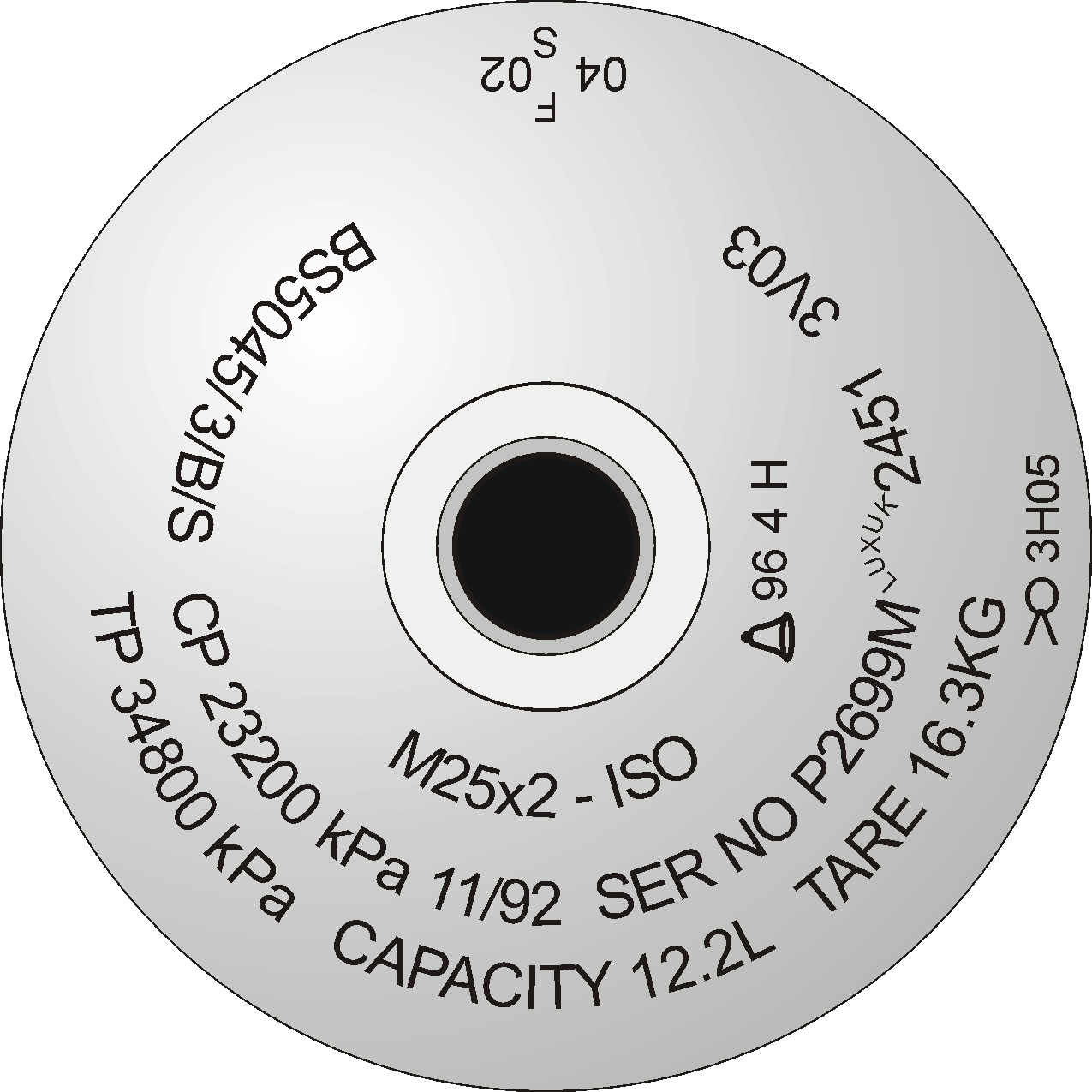 Stamp markings on a British-manufacture aluminium 12.2-litre 232-bar cylinder.