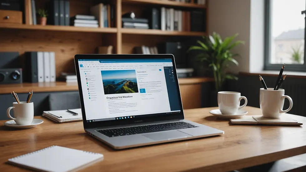 Eye-level view of an organized workspace with a laptop and notebook