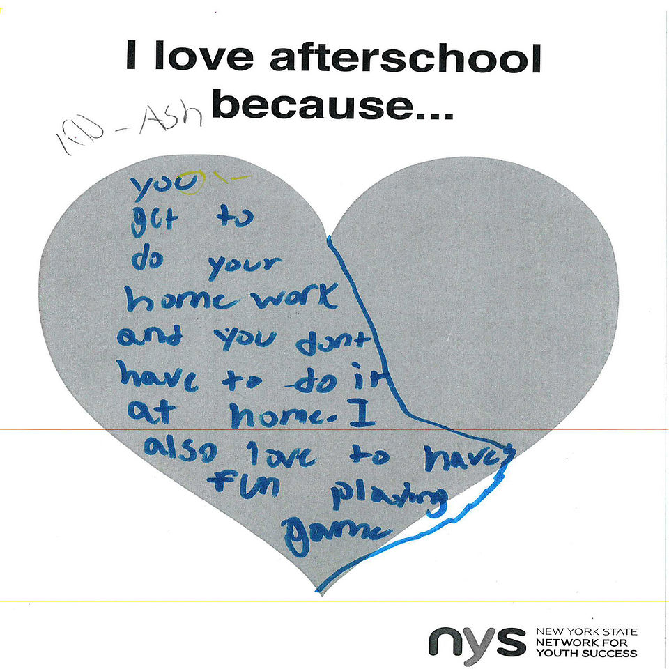 Child's drawing says I love afterschool because: do homework at home.