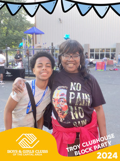 Boy and smiling woman wearing shirts that says No Pain No Gain BGCCA. 2025 Donor Breakfast