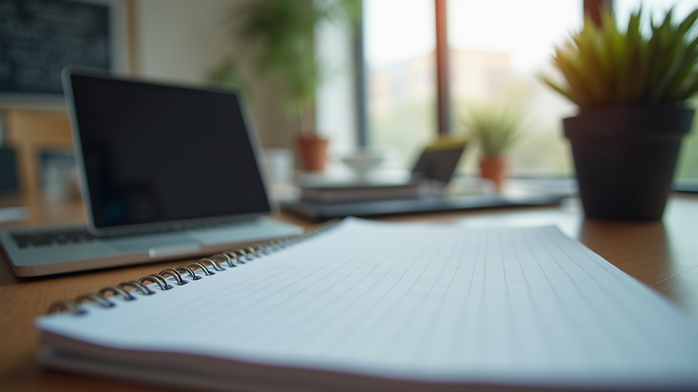 Eye-level view of a modern workspace with a laptop and notepad