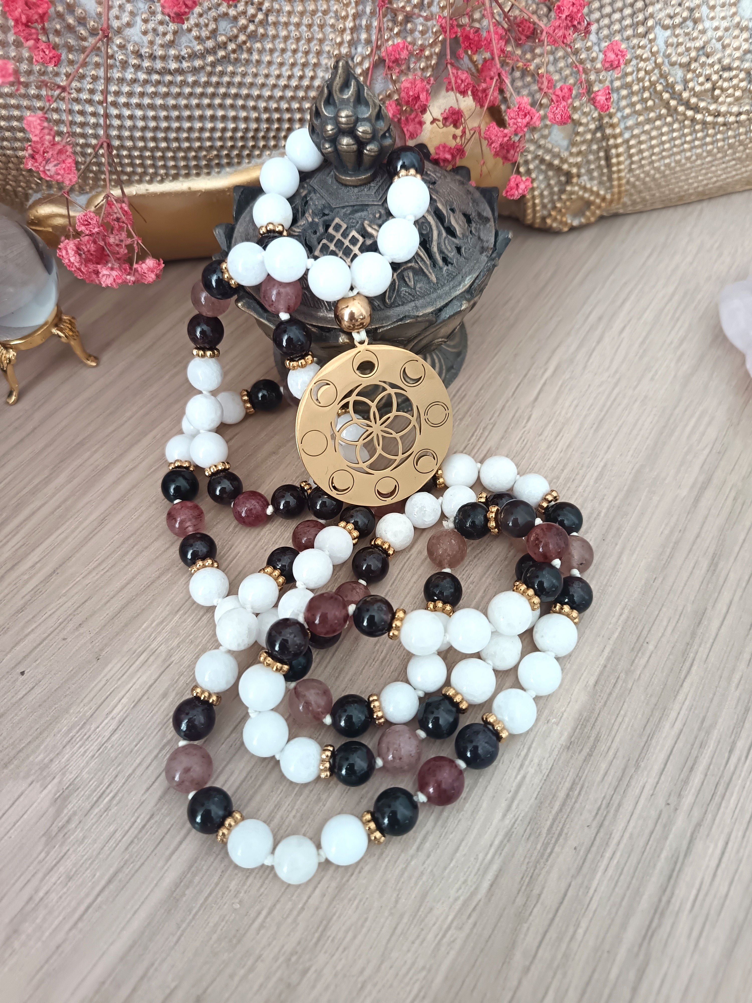 Mala Jade blanc, Grenat & Quartz fraise