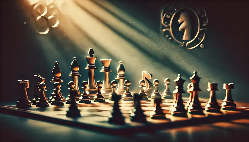 Close-up of a chessboard with pieces in mid-game, illuminated by dramatic beams of light, creating a warm and focused atmosphere. A knight emblem decorates the background, enhancing the chess theme.