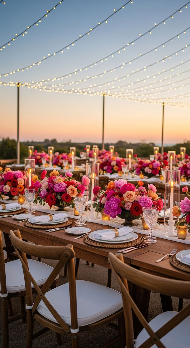 Elegant wedding reception setup with round and imperial tables, floral centerpieces, and romantic lighting — wedding reception ideas and table arrangement inspiration for 2026