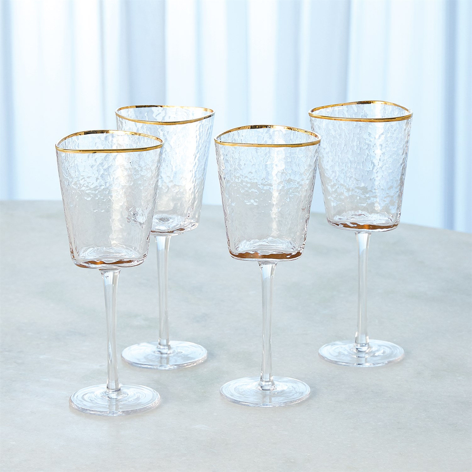 Set of 4 HAMMERED FOOTED WINE GLASSES-CLEAR W/GOLD RIM