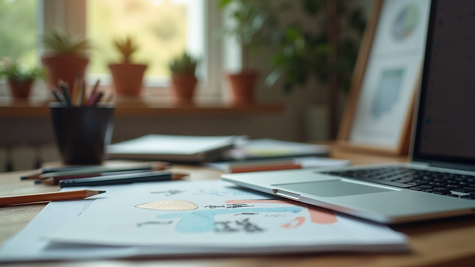 Close-up view of a creative workspace with art supplies and a laptop