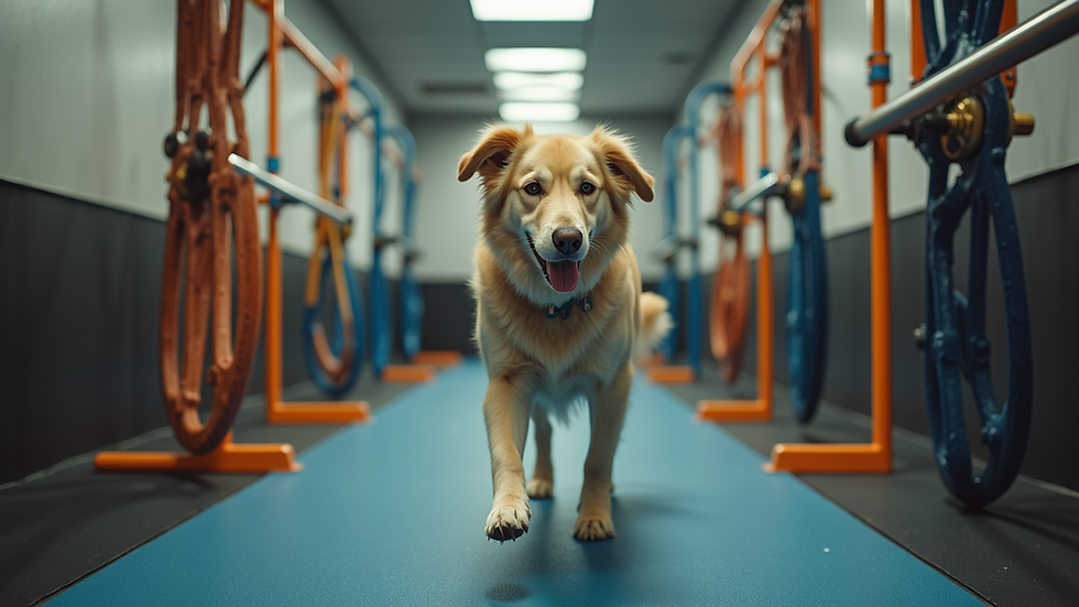 Eye-level view of a mobile dog gym with various fitness equipment for dogs