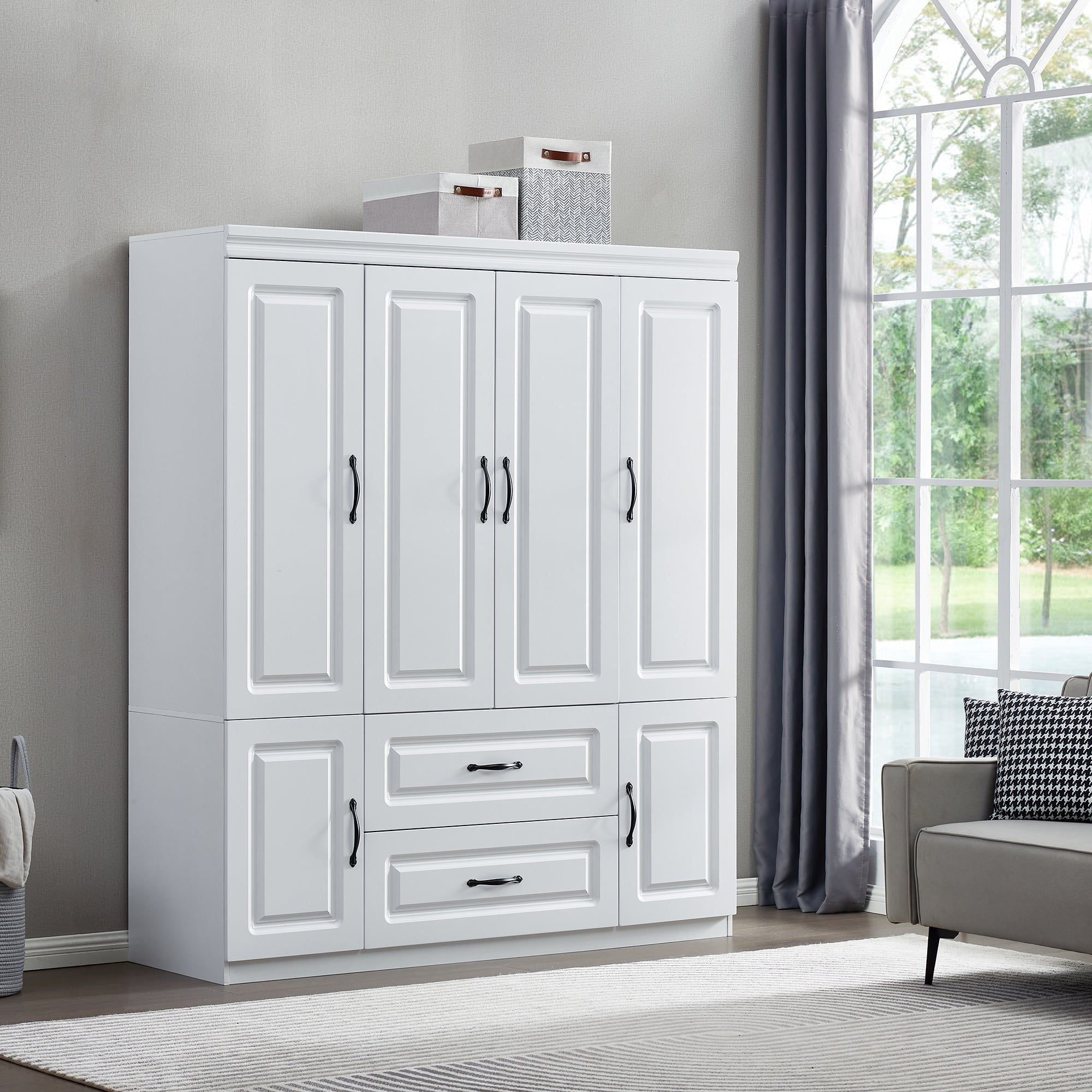 YG-15 74" H White Solid Wood Freestanding Wardrobe Closet for Clothes Storage. B