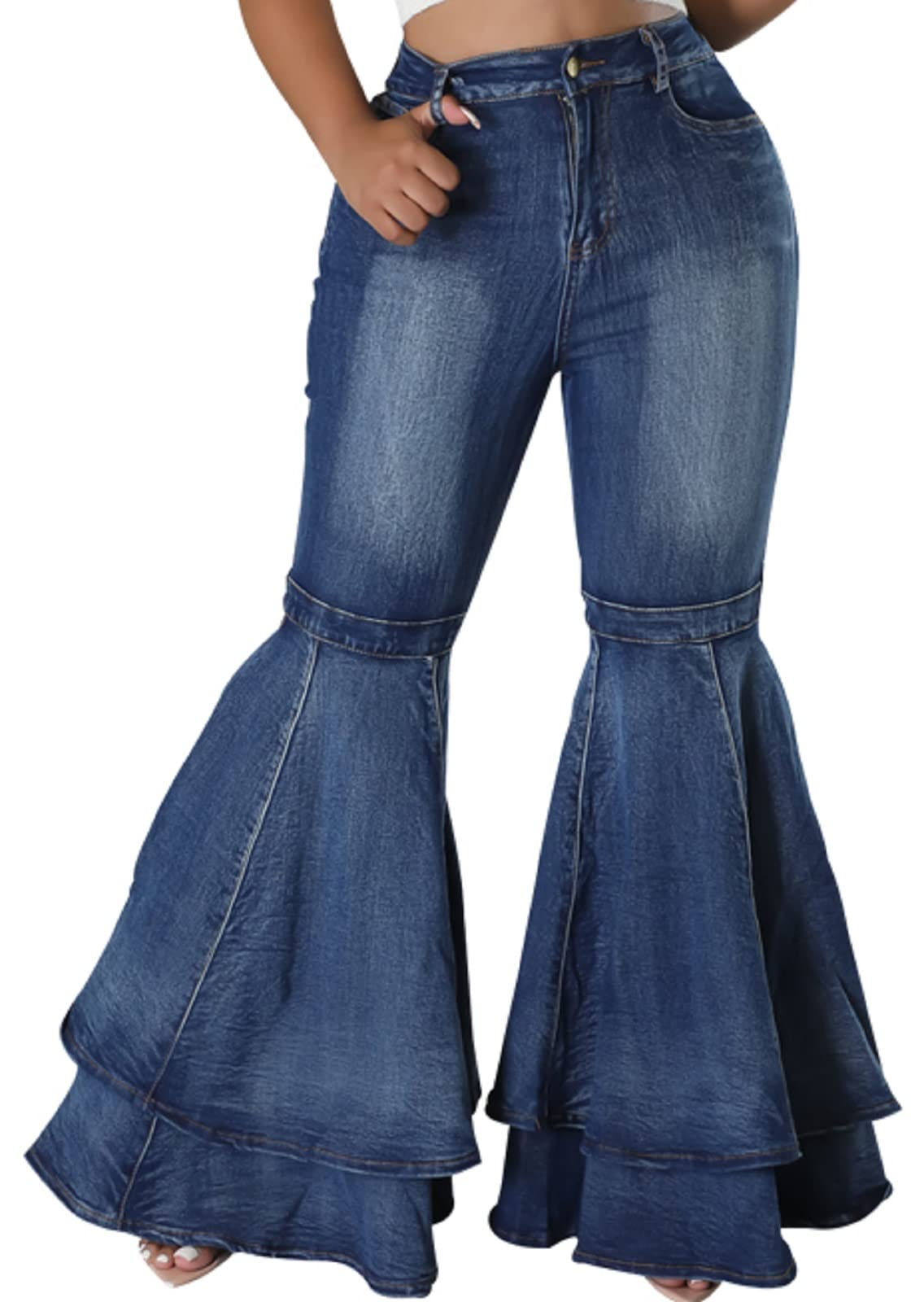 Vintage distressed bell bottom flare jeans for women navy blue