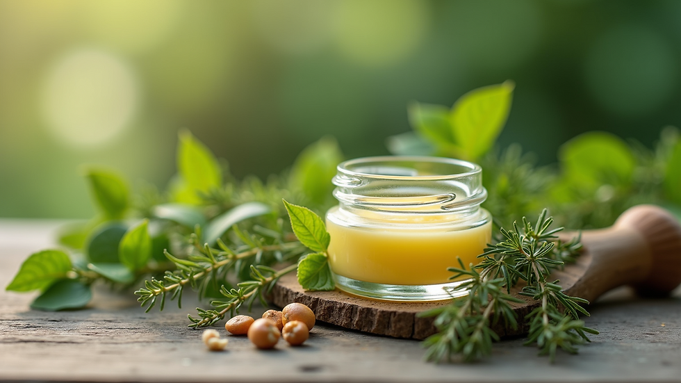 Close-up view of a healing balm jar surrounded by fresh herbs