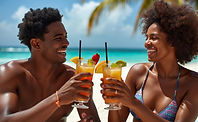Realistic high-quality photo of Black couples having cheers with tropical drinks on a beac