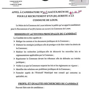 RECRUTEMENT : JURISTE - COMMUNE DE LOUM