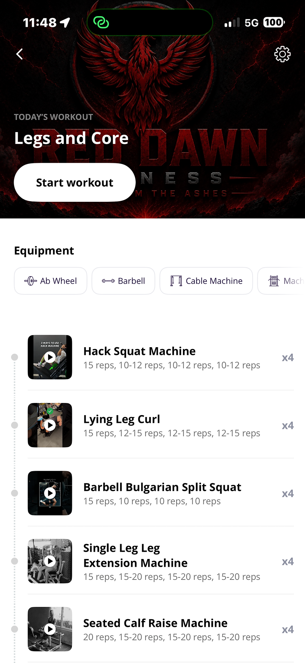 Red Dawn Fitness app workout list screen
