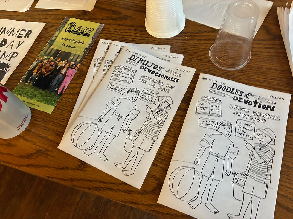 English and Spanish editions of Doodles of Devotion are displayed side by side on a church welcome table. The bilingual devotionals feature the same Gospel reading with matching illustrations, highlighting resources created to welcome both English- and Spanish-speaking families.