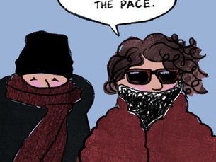 Illustrated scene of two bundled-up people standing outdoors in winter coats and scarves, drawn in a textured, hand-painted style. One figure has curly hair and sunglasses, and a speech bubble above them reads, “You can set the pace.” The illustration conveys warmth, encouragement, and a message of slowing down, rest, and gentle faith-centered living.