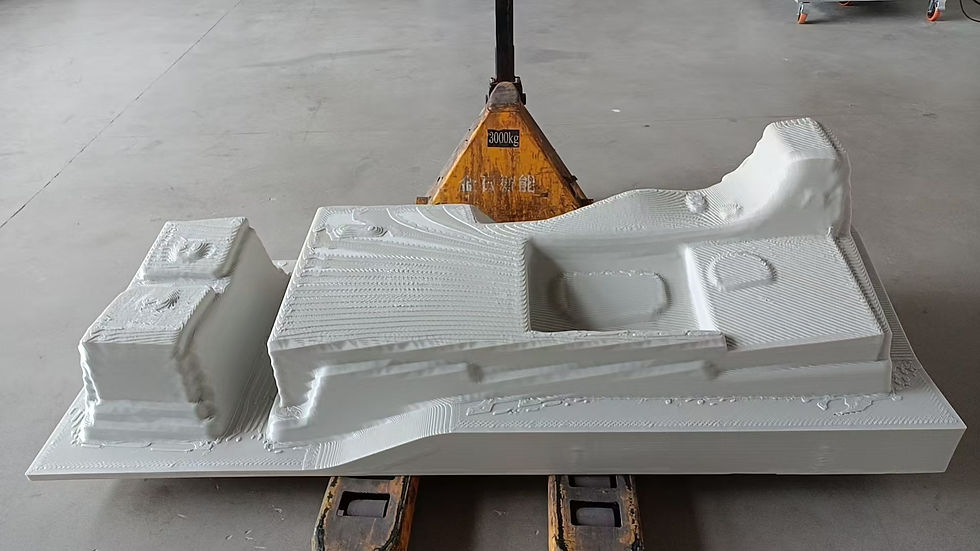 Large-format FGF examples showing pellet feedstock, high-output extrusion and finished molds or tooling components.