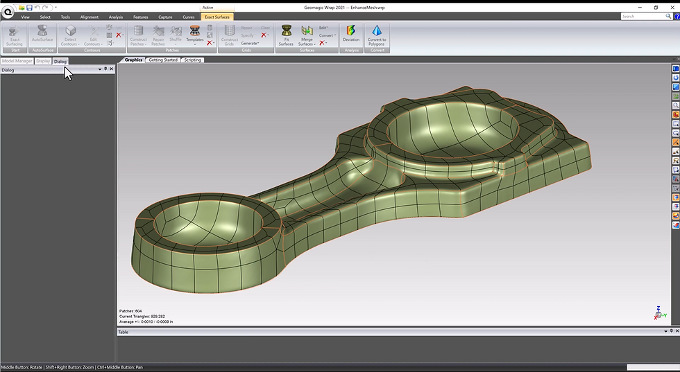 Clean mesh and fitted NURBS surface generated from complex 3D scan data in Geomagic Wrap.
