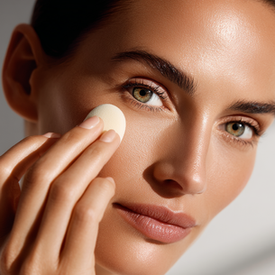 Woman applying concealer under her eyes with a makeup sponge, showcasing a clean, natural makeup look in soft lighting.
