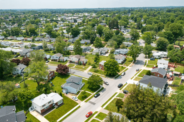 Aerial view of a suburban neighborhood Rosedale