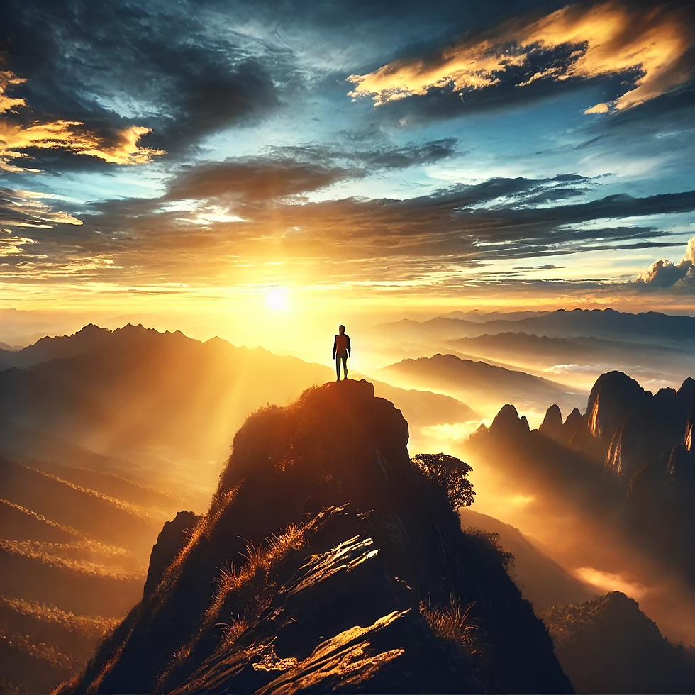 Silhouetted figure standing on a mountain peak at sunrise, overlooking a vast horizon, symbolizing growth, ambition, and new opportunities.