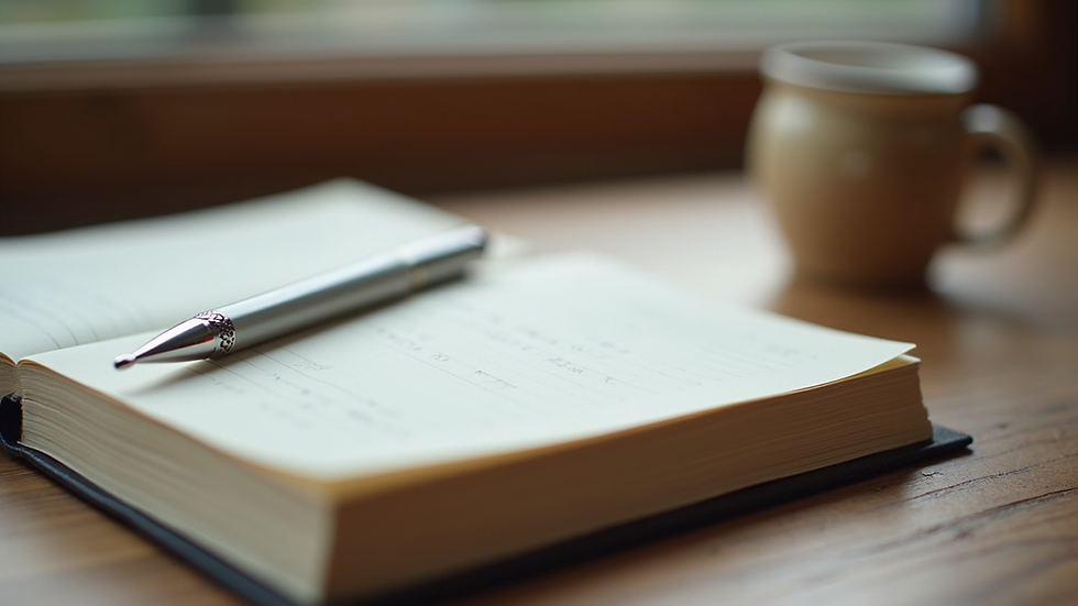Close-up view of a journal and a pen on a wooden desk, symbolizing personal growth and reflection