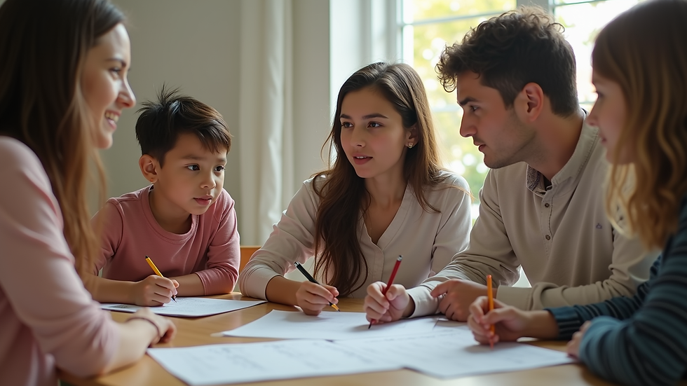 Eye-level view of a family discussing academic goals around a table