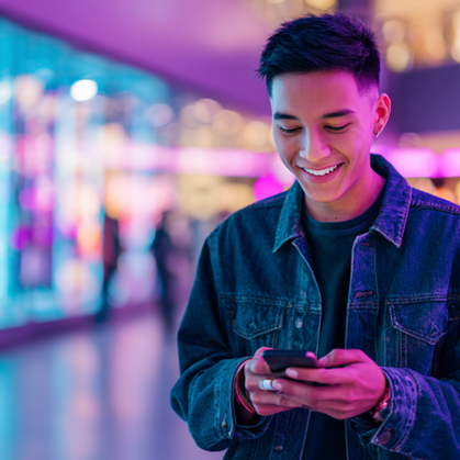 Hombre joven revisa su teléfono mientras realiza compras en línea de forma segura durante la temporada de Black Friday y Navidad.