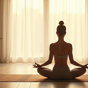 woman sitting in the glow of the morning on a yoga mat with her hair up.