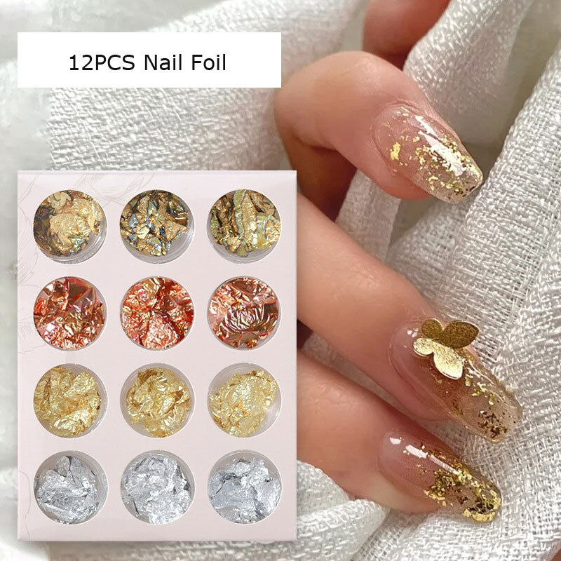 6/12Pcs Glitter Aluminum Gold Leaf Foil Sequins Chrome Powder Nails Irregular