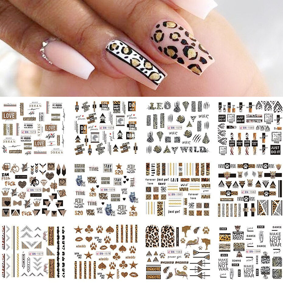 Miniature : 12pcs Leopard Nail Sticker Sexy Wild Animal Water Decal Letters Geometric U