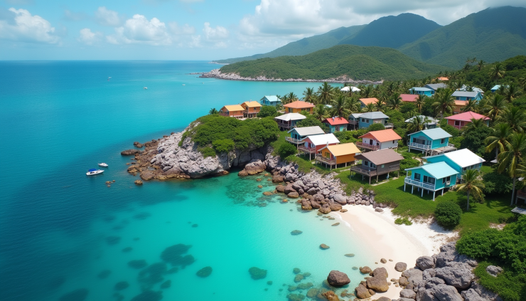 Luchtfoto van kleurrijke woningen aan de kust van Bonaire