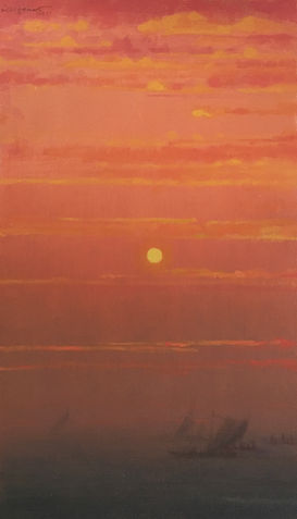 "Sunset Saga oil painting by Paresh Thukrul depicting a glowing sunset over calm waters with warm orange skies, distant boats, and atmospheric light."