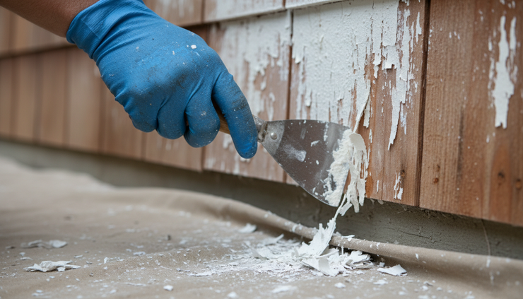 Close-up view of a hand scraping peeling paint from cedar siding