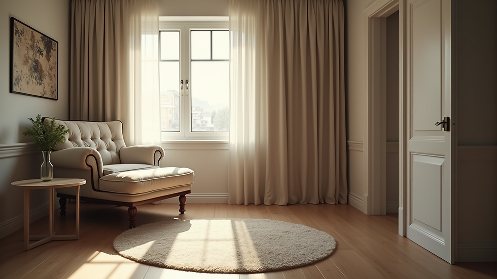 Eye-level view of a quiet room with a comfortable chair and soft lighting