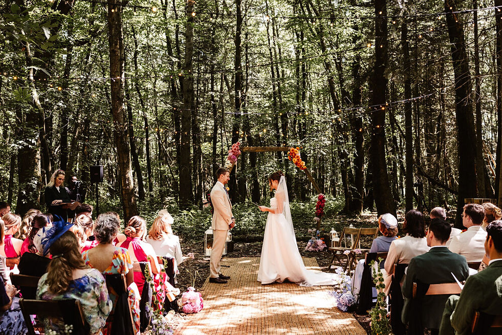 Woodland Ceremony at Longton WoodA serene ceremony at Longton Wood in Kent features a couple exchanging vows under a rustic floral arch, with guests seated among twinkling lights in the trees.