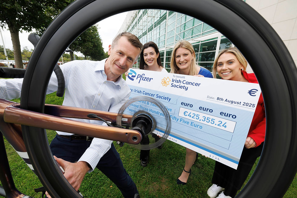 Pfizer colleagues and friends today presented the Irish Cancer Society with a cheque for over €425k following extensive colleague-led fundraising efforts as part of the 2025 Pfizer Move for Cancer initiative – including runs, walks, swimathons, sport competitions, music gigs, and bake sales – at Pfizer Ringaskiddy and sites across Ireland, aimed at raising awareness of the impact of cancer on patients and their loved ones. Pictured were (L-R): Pfizer’s John Sourke, VP, Sterile Injectables and Biotech Operations, who led the initiative with Ringaskiddy colleague Holly Lehane, Averil Power, CEO of the Irish Cancer Society, and Tara Leigh O’Connor, also from Ringaskiddy. Pic: Conor McCabe Photography.