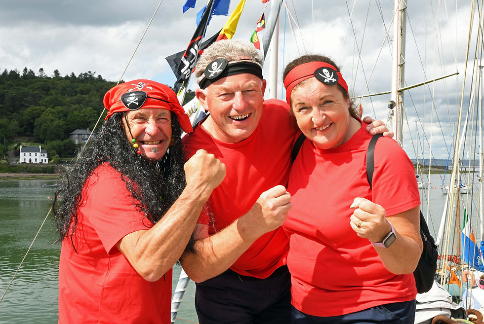 ohn Bowden, with John & Mairead Duane, Crosshaven, enjoying the Crosshaven Traditional Sail 30th Anniversary Weekend, 15th June 2025 Photo Siobhán Russell