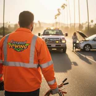 Vehicle receiving jump start from tow truck in Los Angeles California